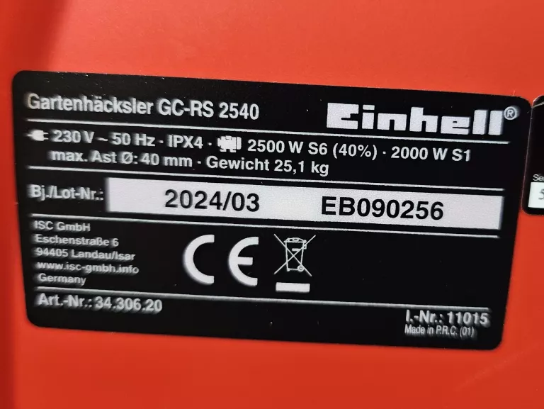ROZDRABNIACZ DO GAŁĘZI EINHELL GC-RS 2540 2000W ROZDRABNIARKA RĘBAK