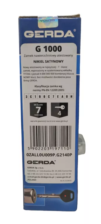 ZAMEK ZASUWA GERDA G1000 NIKIEL SATYNA ATEST KL 7
