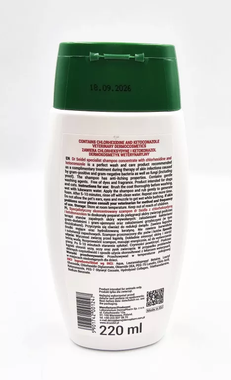 SZAMPON DLA PSÓW I KOTÓW / CHLORHEKSYDYNA I KETOKONAZOL / DR SEIDEL 220ML