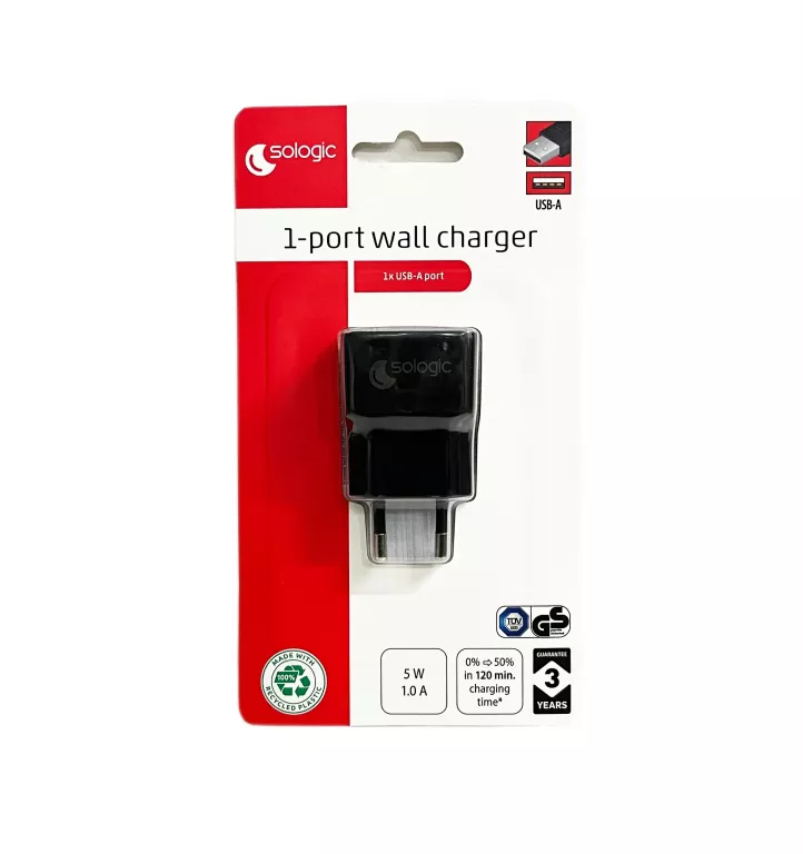 ŁADOWARKA UNIWERSALNA "KOSTKA" SOLOGIC (USB-A) 5W | 1 PORT - CZARNA
