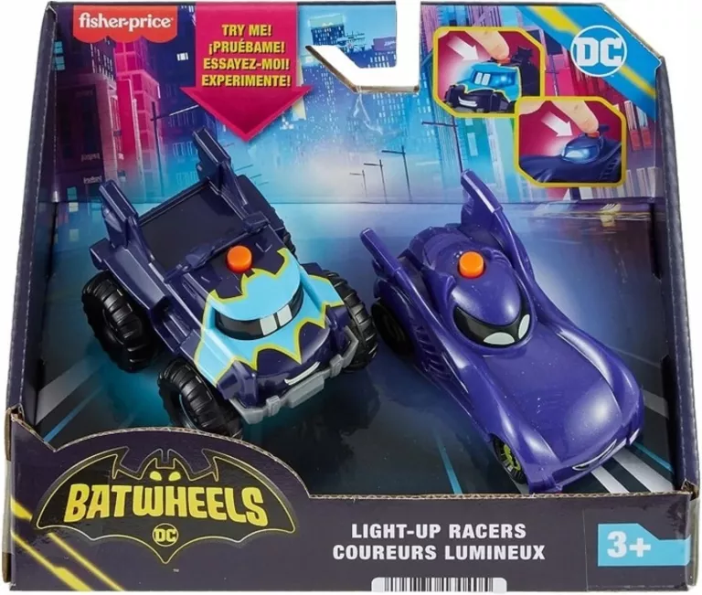 ZESTAW POJAZDÓW DC BATWHEELS ŚWIECĄCE AUTKA FISHER PRICE BATMOBIL BAT-TRUC