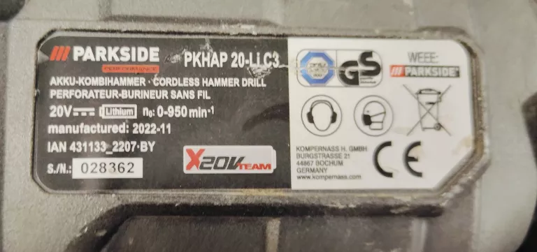 AKUMULATOROWA MŁOTOWIERTARKA PARKSIDE PERFORMANCE 20V PKHAP 20-LI C3