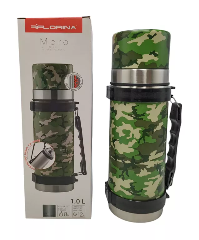 DUŻY TERMOS DO KAWY HERBATY NIERDZEWNY MORO DESIGN 1L KUBEK PASEK RĄCZKA