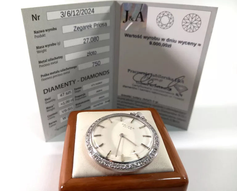 ZEGAREK KIESZONKOWY PRIOSA EXTRA BIAŁE ZŁOTO Z DIAMENTAMI PR.750