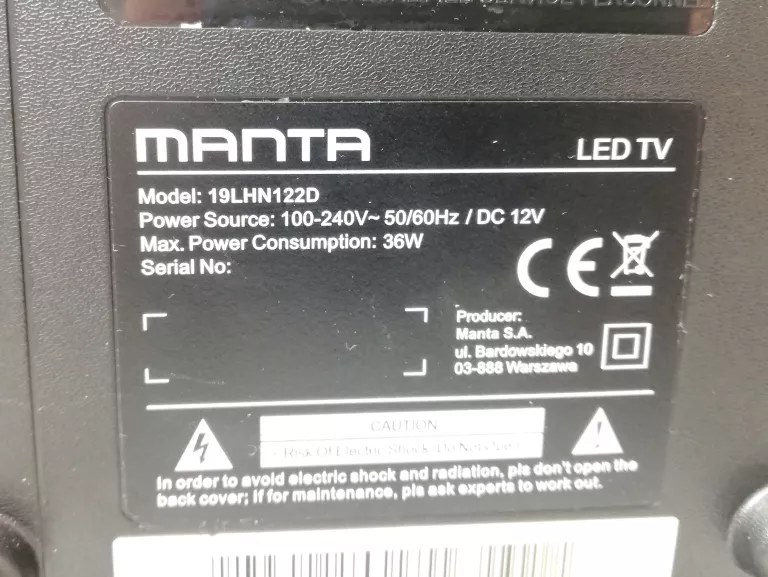 TELEWIZOR MANTA 19LHN122D PLOMBY ZAKŁAD KARNY !