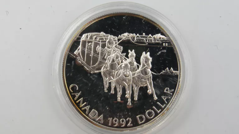 SREBRNY DOLLAR CANADA 1992 DYLIŻANS 175. ROCZNICA KINGSTON STAGECOACH AG 2
