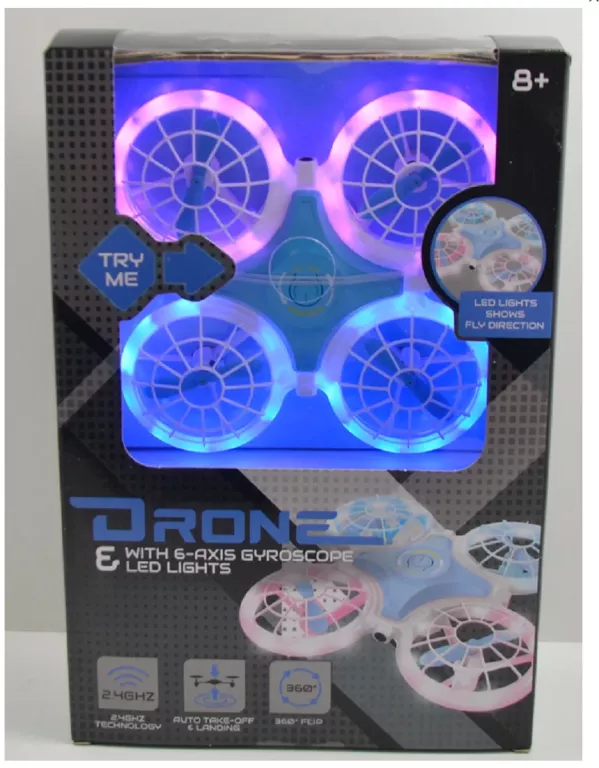 MINI DRON Z OŚWIETLENIEM LED 360 STOPNI NIEBIESKI 8+