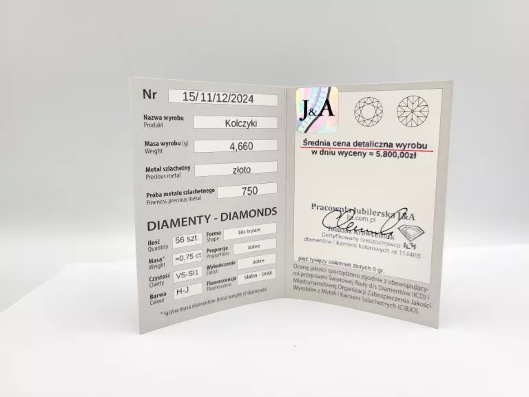ZŁOTE KOLCZYKI Z BRYLANTAMI 0,75CT 750 4,66G