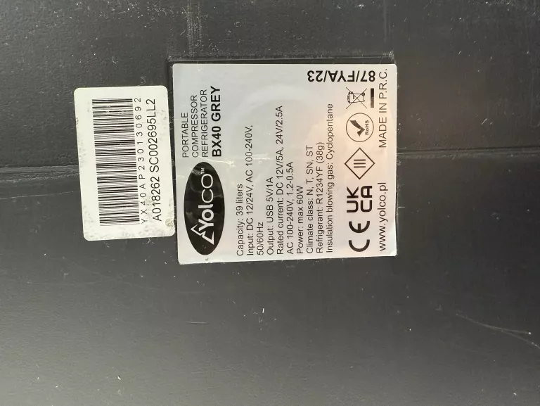 PRZENOŚNA LODÓWKA TRANSPORTOWA YOLCO BX40 GREY 39L GW - DO 13.12.2026!