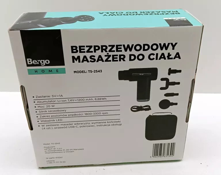 BEZPRZEWODOWY MASAŻER DO CIAŁA BERGO HOME TS-2543 PUDEŁKO