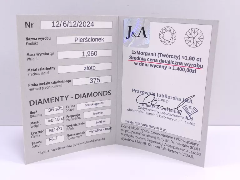 ZŁOTY PIERŚCIONEK Z DIAMENTAMI 0,18CT I MORGANITEM 1,6CT PR375 ROZM16