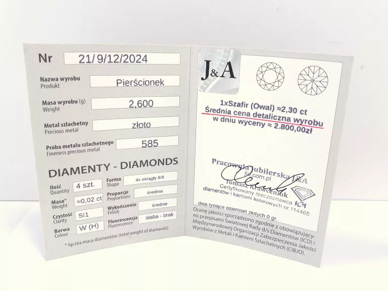 ZŁOTY PIERŚCIONEK Z DIAMENTAMI 0,02CT I SZAFIREM 2,3CT PR585 ROZM15 2,6G