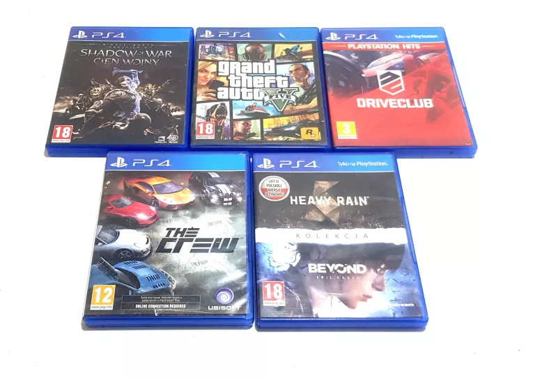 ZESTAW 5 GIER PS4 THE CREW HEAVY RAIN/BEYOND DRIVE CLUB SHADOW OF WAR GTA