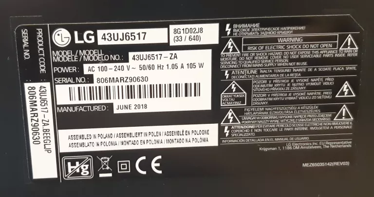 TELEWIZOR LG 43UJ6517 43" LED 4K WEBOS