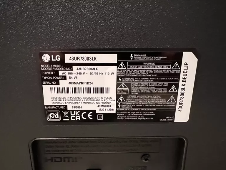TELEWIZOR LED LG 43UR78003LK 43 CALE 4K 3840 X 2160 SMART TV DVB-T2