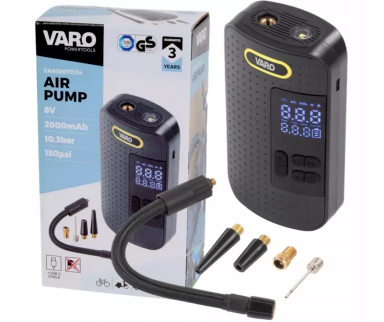 POMPKA ROWEROWA AKUMULATOROWA SAMOCHODOWA KOMPRESOR VARO 8 V 2000 MAH