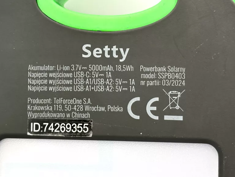 POWERBANK SOLARNY Z LATARKĄ LED SETTY 5000MAH USB-C 2USB