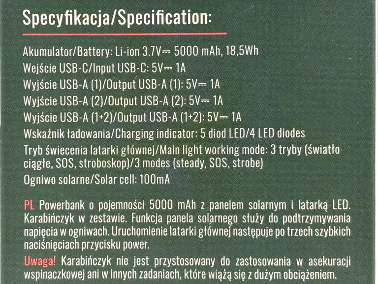 POWERBANK SOLARNY Z LATARKĄ LED SETTY 5000MAH USB-C 2USB