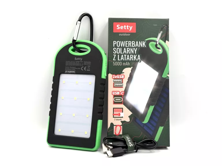 POWERBANK SOLARNY Z LATARKĄ LED SETTY 5000MAH USB-C 2USB