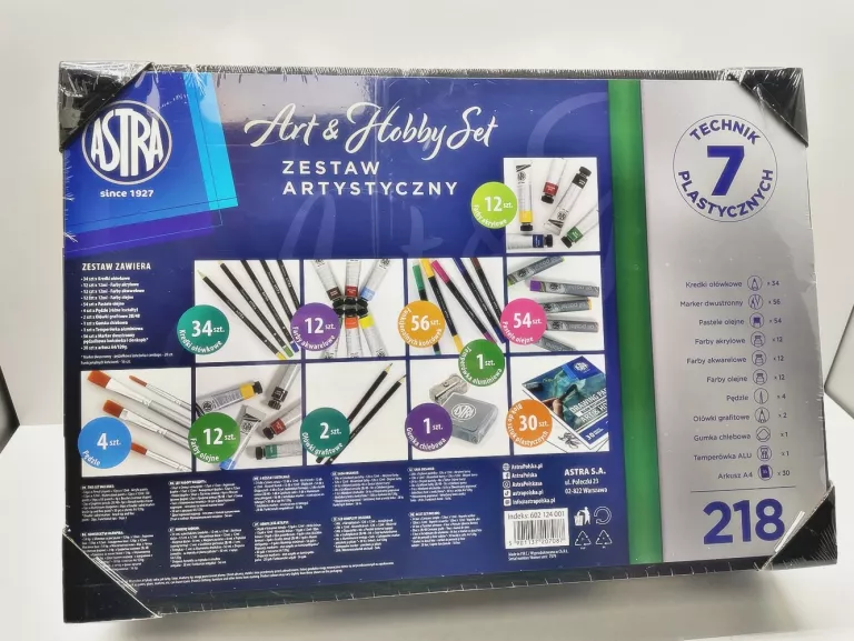 ASTRA DUŻY ZESTAW ARTYSTYCZNY 218 EL. WALIZKA PREZENT KREDKI FARBY PĘDZLE
