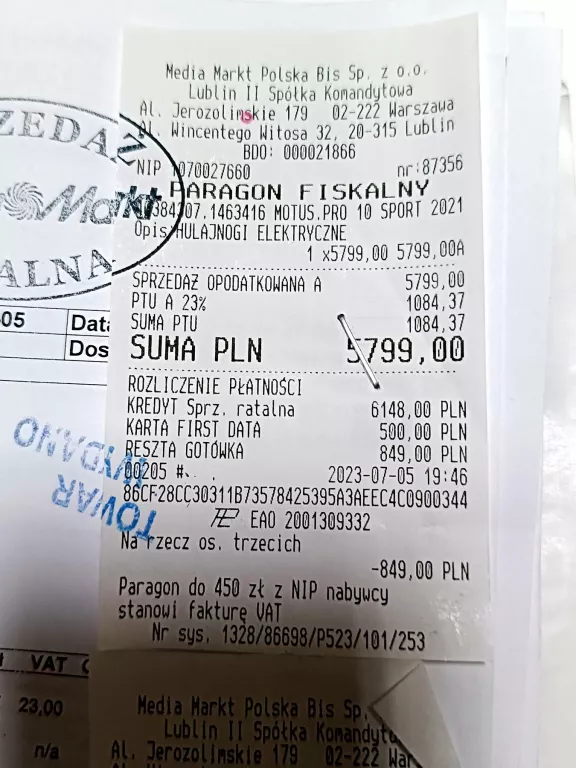 HULAJNOGA ELEKTRYCZNA MOTUS PRO 10 SPORT 2X1000W