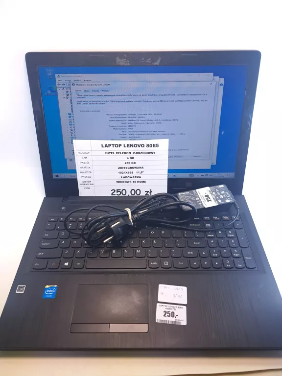 LAPTOP LENOVO 80E5 4GB/INTEL CELERON/250GB + ŁADOWARKA + TORBA