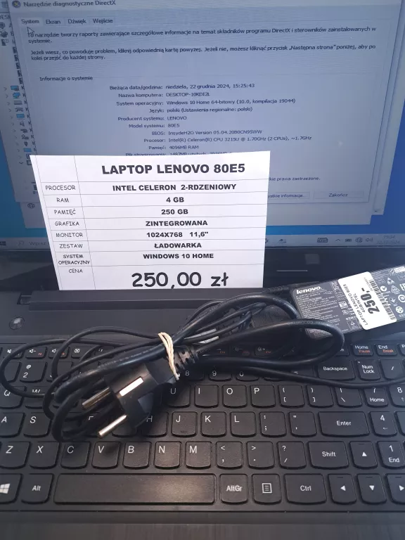 LAPTOP LENOVO 80E5 4GB/INTEL CELERON/250GB + ŁADOWARKA + TORBA