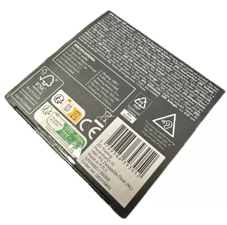 GŁOŚNIK BLUETOOTH LED SOLOGIC SL-100 (USB-C/AUX) 3M