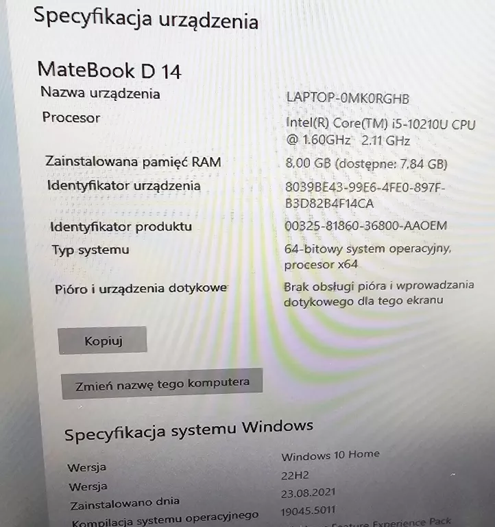 LAPTOP HUAWEI MATEBOOK D14 NBB-WAH9 SREBRNY
