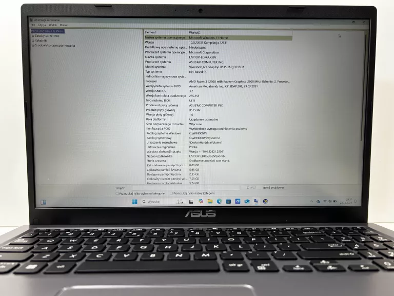 LAPTOP ASUS D515DA-EJ1396W AMD RYZEN 3 8GB RAM 256GB SSD 15.6'' WIN11 KPL