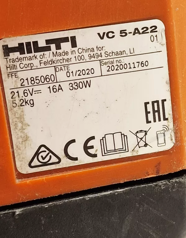 ODKURZACZ HILTI VC 5-A22 2020R + AKUMULATOR B 22 5.2 AH 2022 R