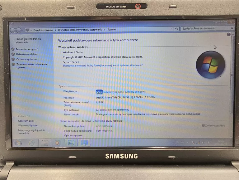 LAPTOP SAMSUNG N145 PLUS 2GB /120GB INTEL ATOM CPU N450 WINDOWS7