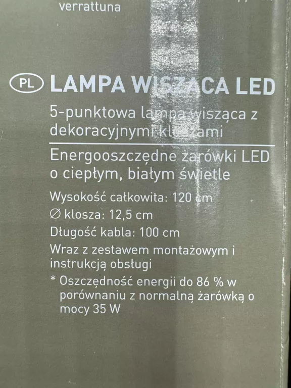 LAMPA WISZĄCA - 5 DEKORACYJNYCH KLOSZY LIVARNO LUX
