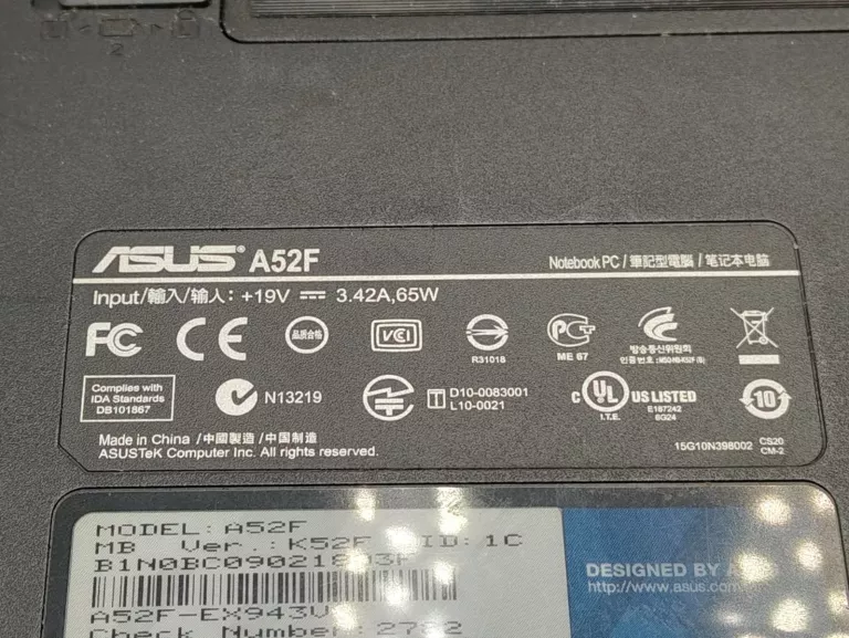 LAPTOP ASUS A52F  I3 M350 RAM 3 GB HDD 320 GB