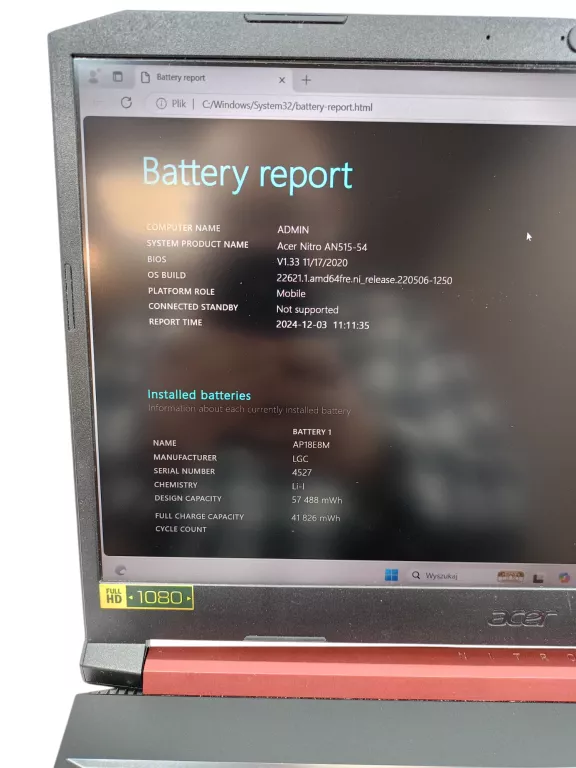 LAPTOP ACER NITRO 5 AN515-54 I5-9300H GTX 1050 8/1000 GB