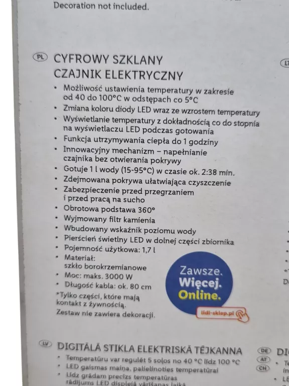 CZAJNIK SILVERCREST DIGITAL GLASS KETTLE Z REGULACJĄ TEMPERATURY 3000W 1,7