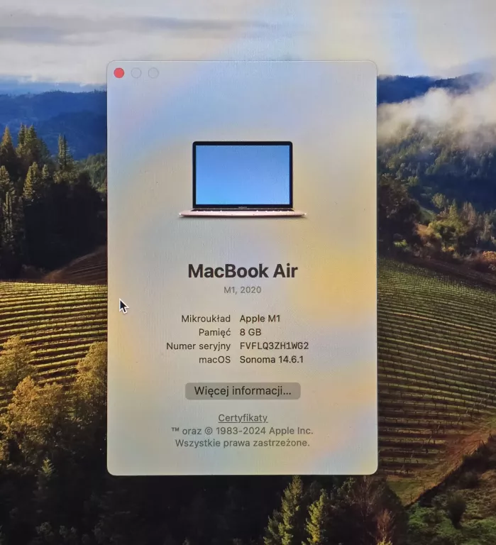 LAPTOP APPLE MACBOOK AIR M1 - 8GB - A2337 - 19 CYKLI BATERII - OKAZJA!