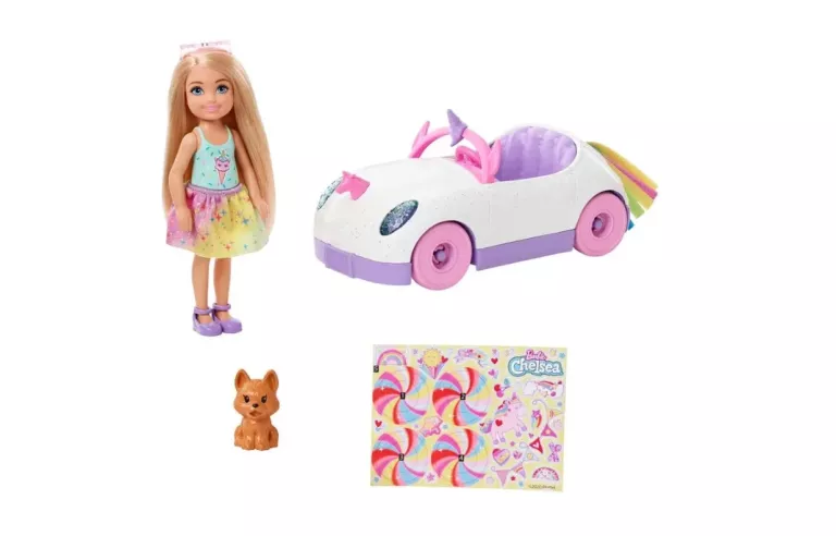 BARBIE CHELSEA LALKA + AUTKO TĘCZOWY ZESTAW GXT41 PIESEK