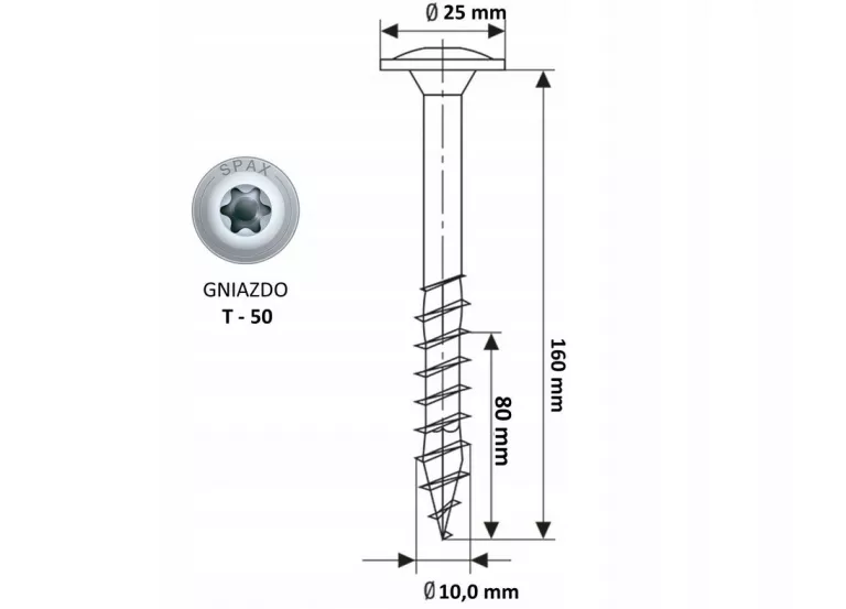 SPAX WKRĘTY KONSTRUKCYJNE CIESIELSKIE 10X160MM GŁÓWKA TALERZOWA T50 (25)