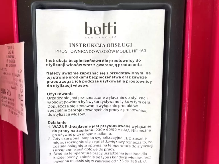 PROSTOWNICA DO WŁOSÓW BOTTI HF 163 KOMPLET !! RÓŻOWA !!!