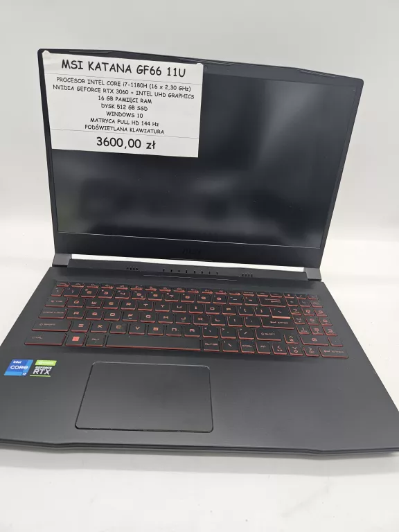 MSI KATANA GF66 INTEL CORE I7-1180H/GEFORCE RTX 3060/16GB/512 SSD/WIN 10