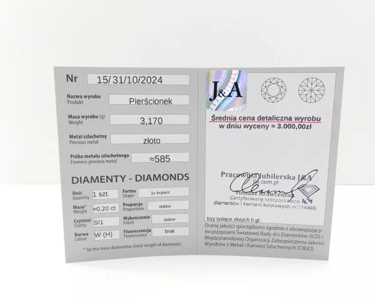 ZŁOTY PIERSCIONEK Z BRYLANTEM 3.17G 585 0.20CT R16