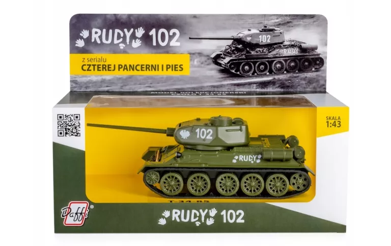 MODEL KOLEKCJONERSKI CZOŁG RUDY 102 T-34-85 1:43 CZTEREJ PANCERNI I PIES