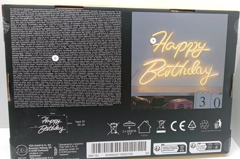 NAPIS LED HAPPY BIRTHDAY 31X40 BARWA CIEPŁY BIAŁY