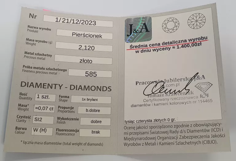 ZŁOTY PIERŚCIONEK Z BRYLANTEM P.585 2,12 GR R.9