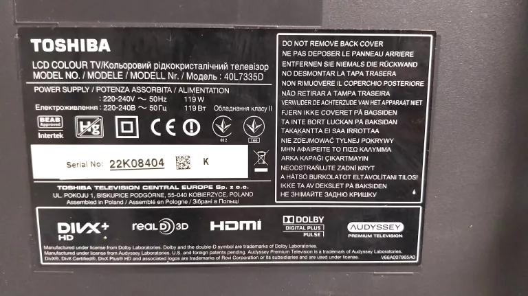 TELEWIZOR TOSHIBA 40L7335D/PILOT/UCHWYT ŚCIENNY