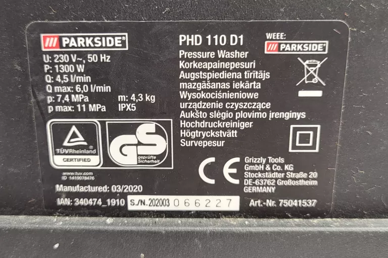 MYJKA CIŚNIENIOWA PARKSIDE PHD 110 D1