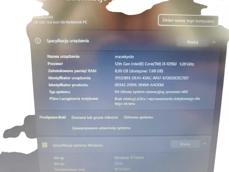 LAPTOP HP RTL8822CE 8GB/250GB/WIN11/ŁADOWARKA