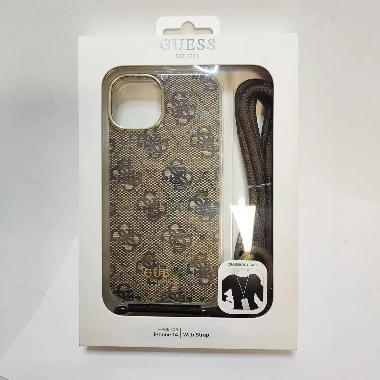 ETUI IPHONE 14 GUESS WITH STRAP BRĄZOWE