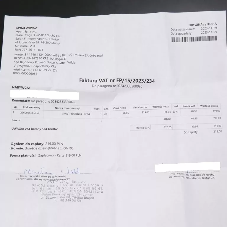 ZŁOTY KRZYŻYK APART 0.47G 333